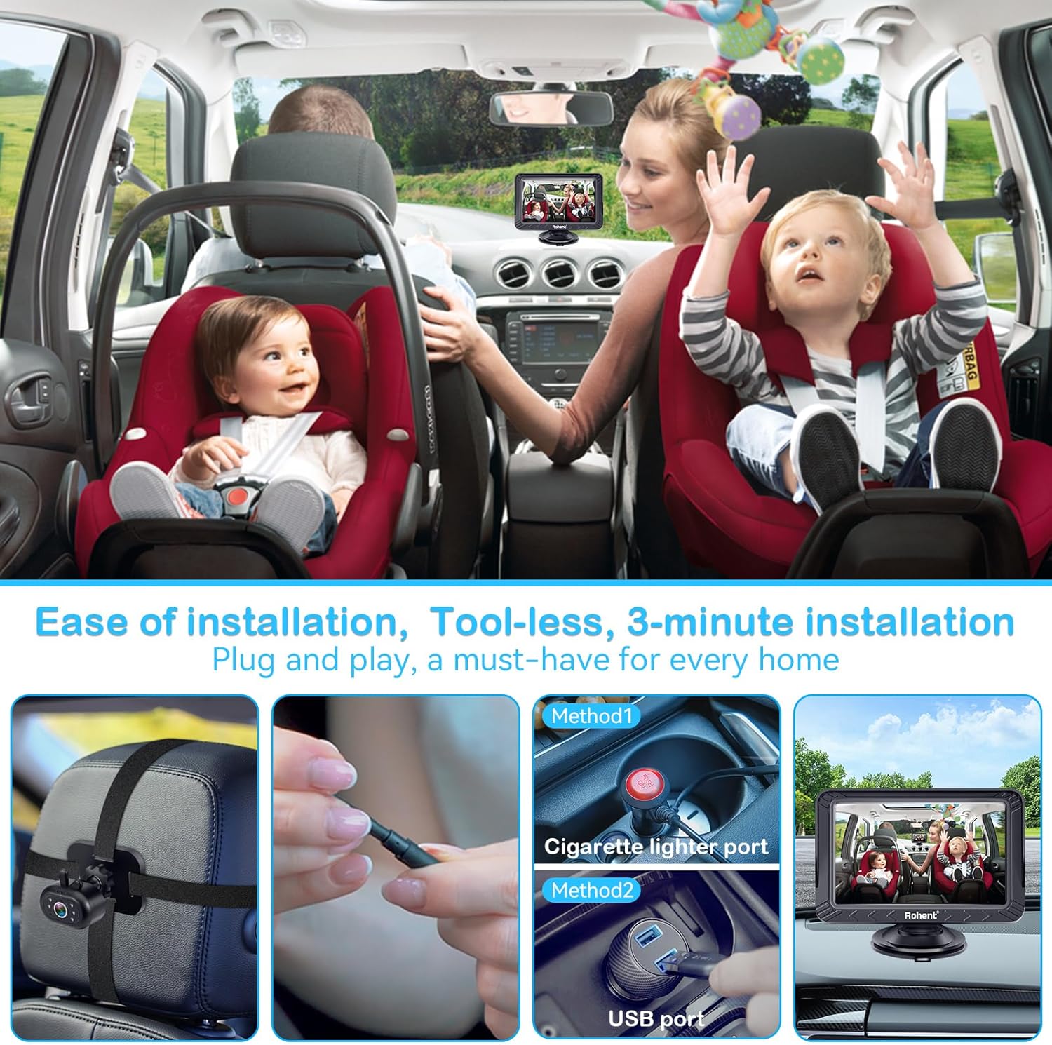 Thumbnail 4 de Rohent Baby Car Camera 5-inch HD 1080P monitor with night vision (USB powered, rear & forward-facing)