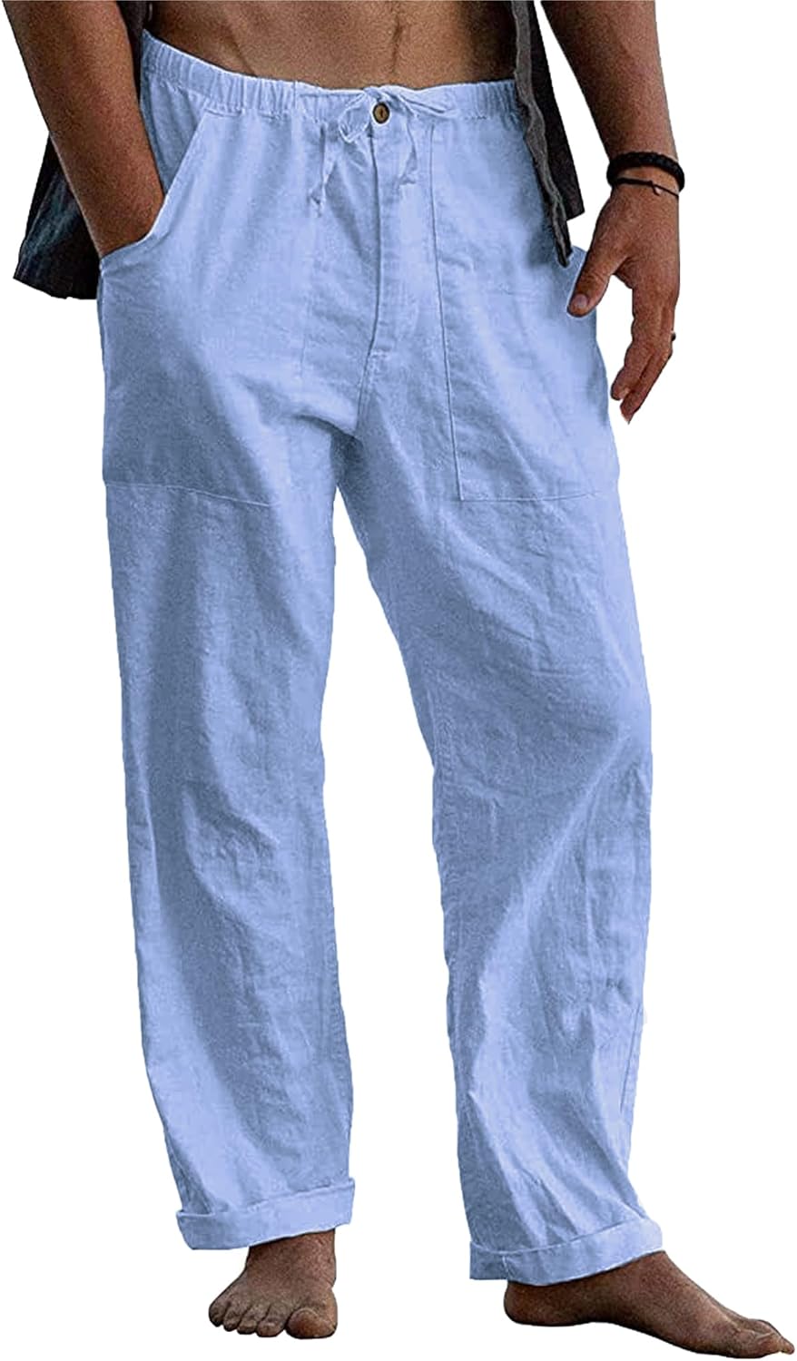 Detalle de LVCBL Leinenhose Herren Sommer Herbst – Lose, bequem mit elastischem Bund