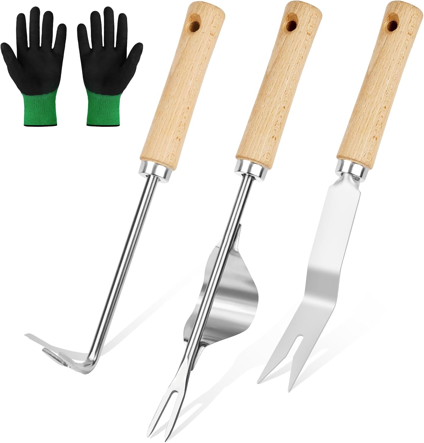 Detalle de Adiwo Estirpatore Erbacce Manuale: set 4 pezzi in acciaio inox e manico in legno per diserbo e trapianto