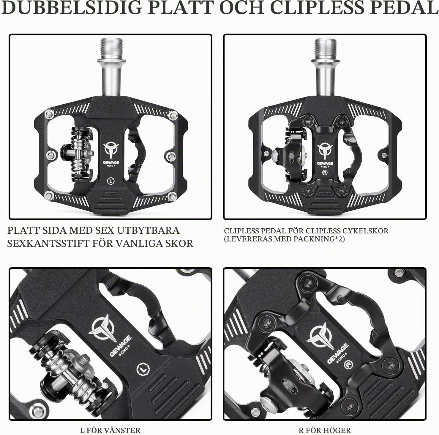 Detalle de GEWAGE 2-i-1 MTB-klickpedaler i CNC-bearbetat aluminium med SPD-sida