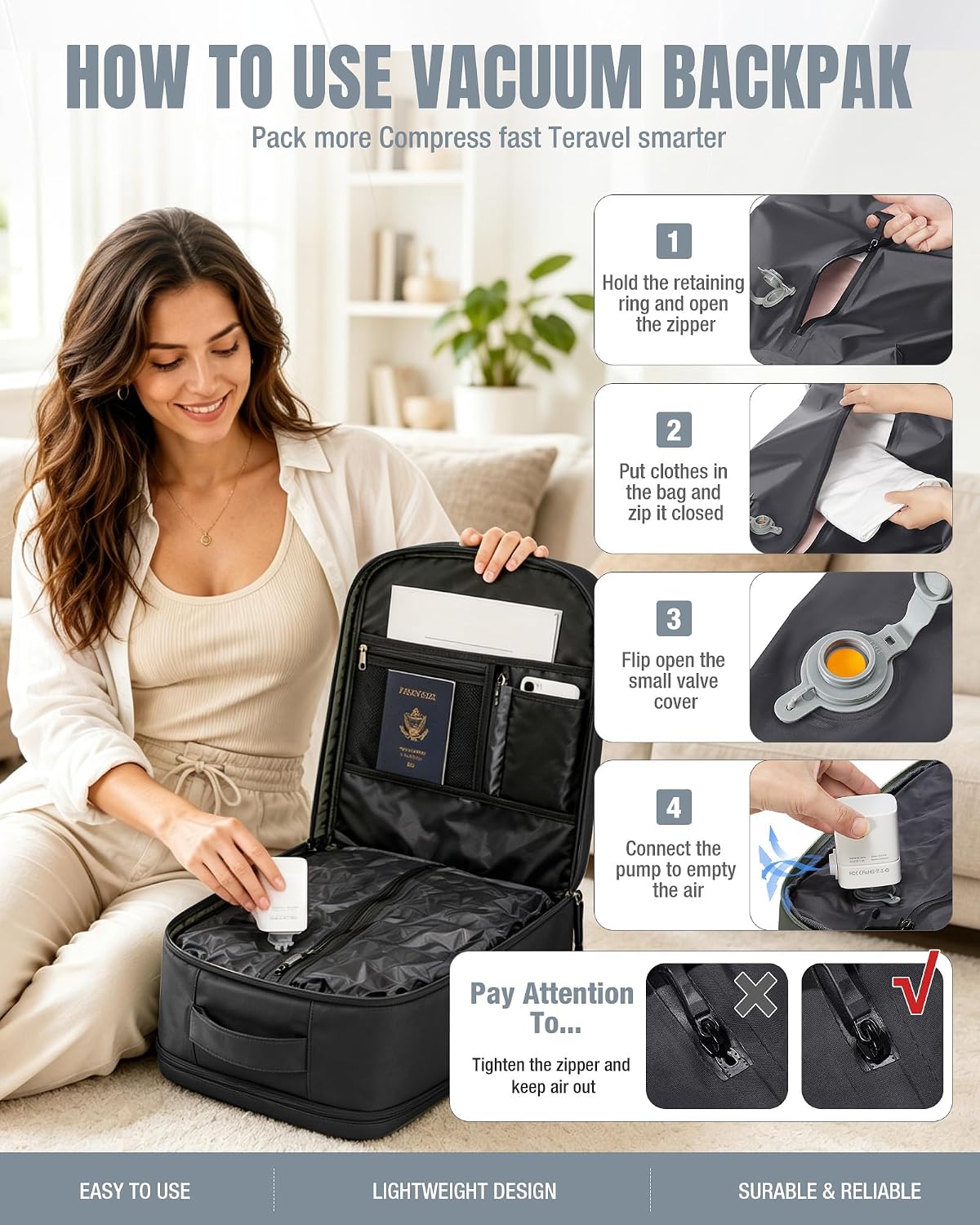 Detalle de BJLFS Vakuum Reiserucksack mit Pumpe – 40x30x20 cm, 16 Zoll Laptopfach, Ryanair Handgepäck
