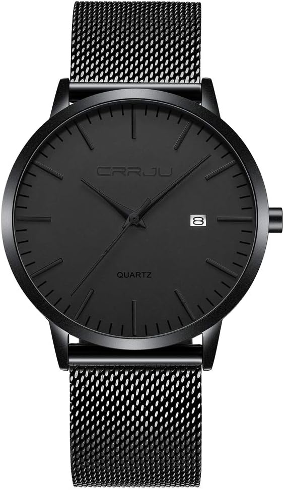 Detalle de CRRJU Herren-Uhr ultra dünn, wasserdicht mit schwarzem Edelstahl-Meshband – analog, Quarz