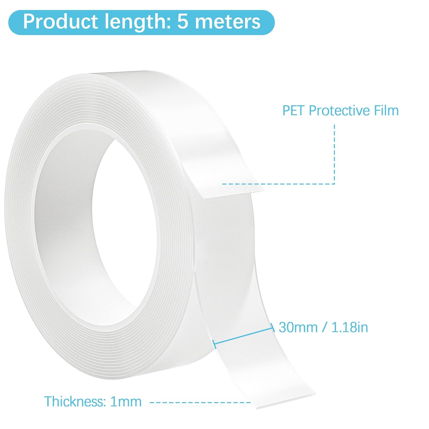 Thumbnail 1 de Taiyeestar 5 m doppelseitiges Klebeband Extra Stark transparent (30 mm breit, 1 mm dick) – ablösbar ohne Rückstände