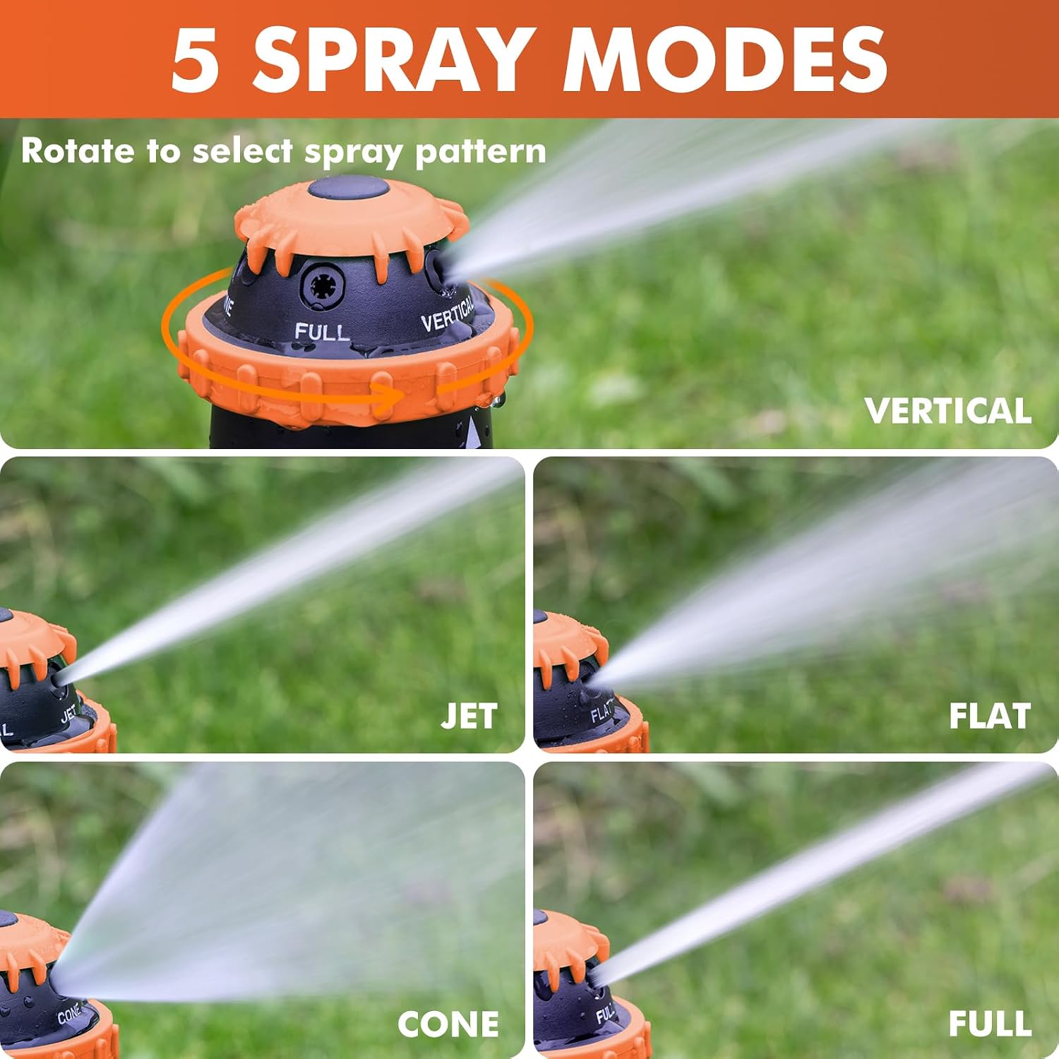 Detalle de RESTMO Gear Drive Sprinkler with Metal Spike Base – 5-Pattern Heavy Duty Garden Sprinkler (Orange)