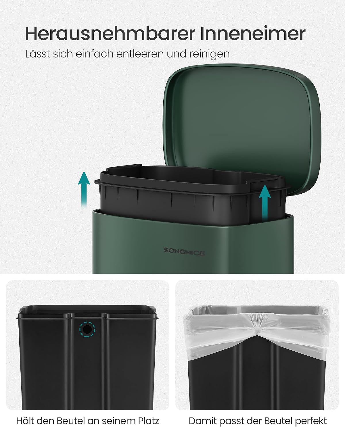 Thumbnail 5 de SONGMICS Mülleimer Küche 30 Liter – Treteimer mit Deckel, Softclose, Stahl, Inneneimer, Vintagegrün (LTB003C02)