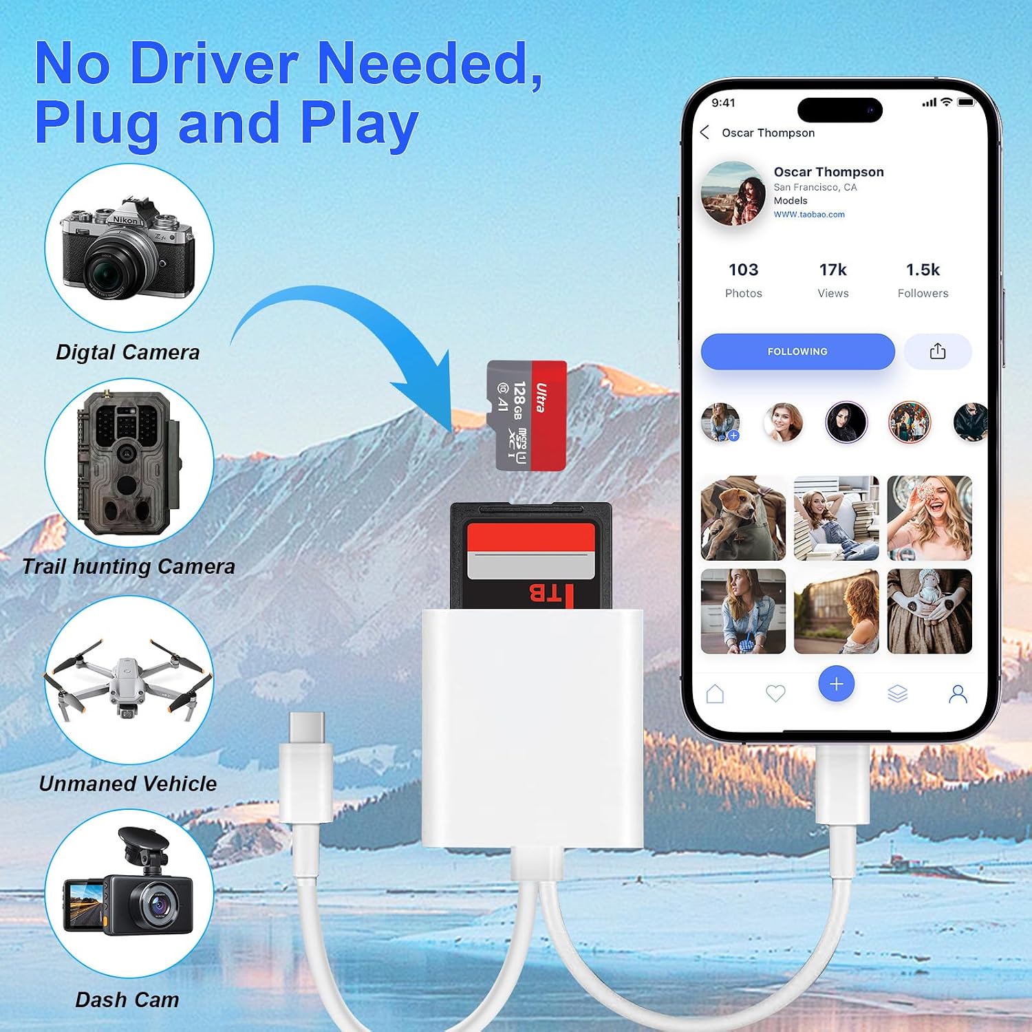 Detalle 1 de Denlane SD Card Reader for iPhone, iPad, USB-C and Lightning, SD/microSD