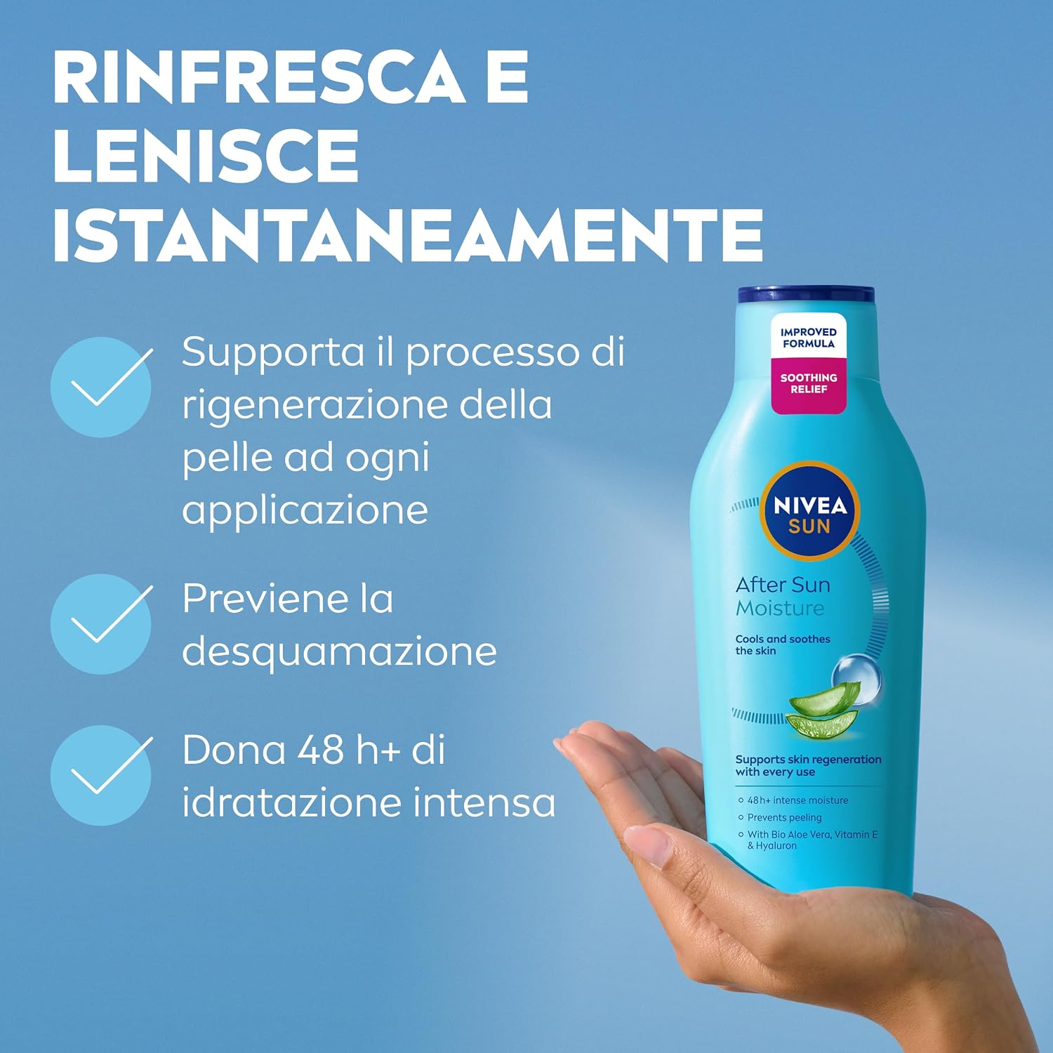 Detalle de NIVEA SUN Doposole Hydrate Maxi 400 ml: doposole idratante 48h con Aloe Bio e Vitamina E