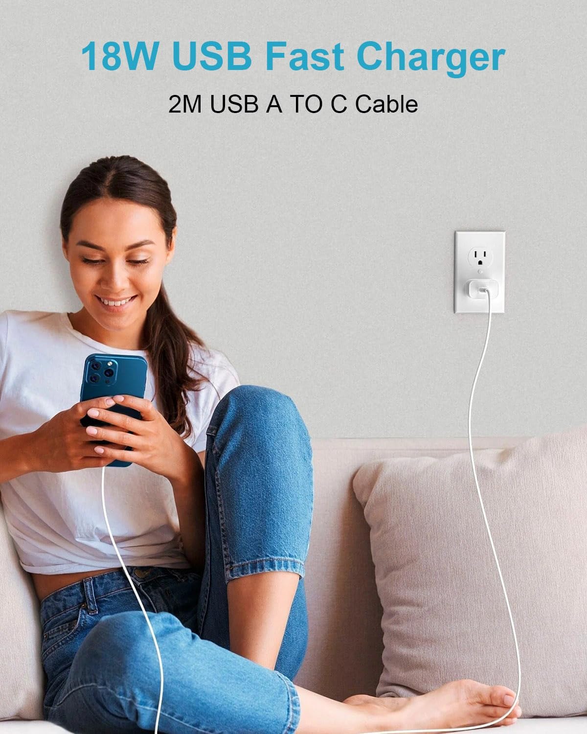 Detalle de Chargeur USB rapide 18W avec câble USB-C 2 m – Quick Charge 3.0, prise secteur pour Samsung, Xiaomi, Huawei