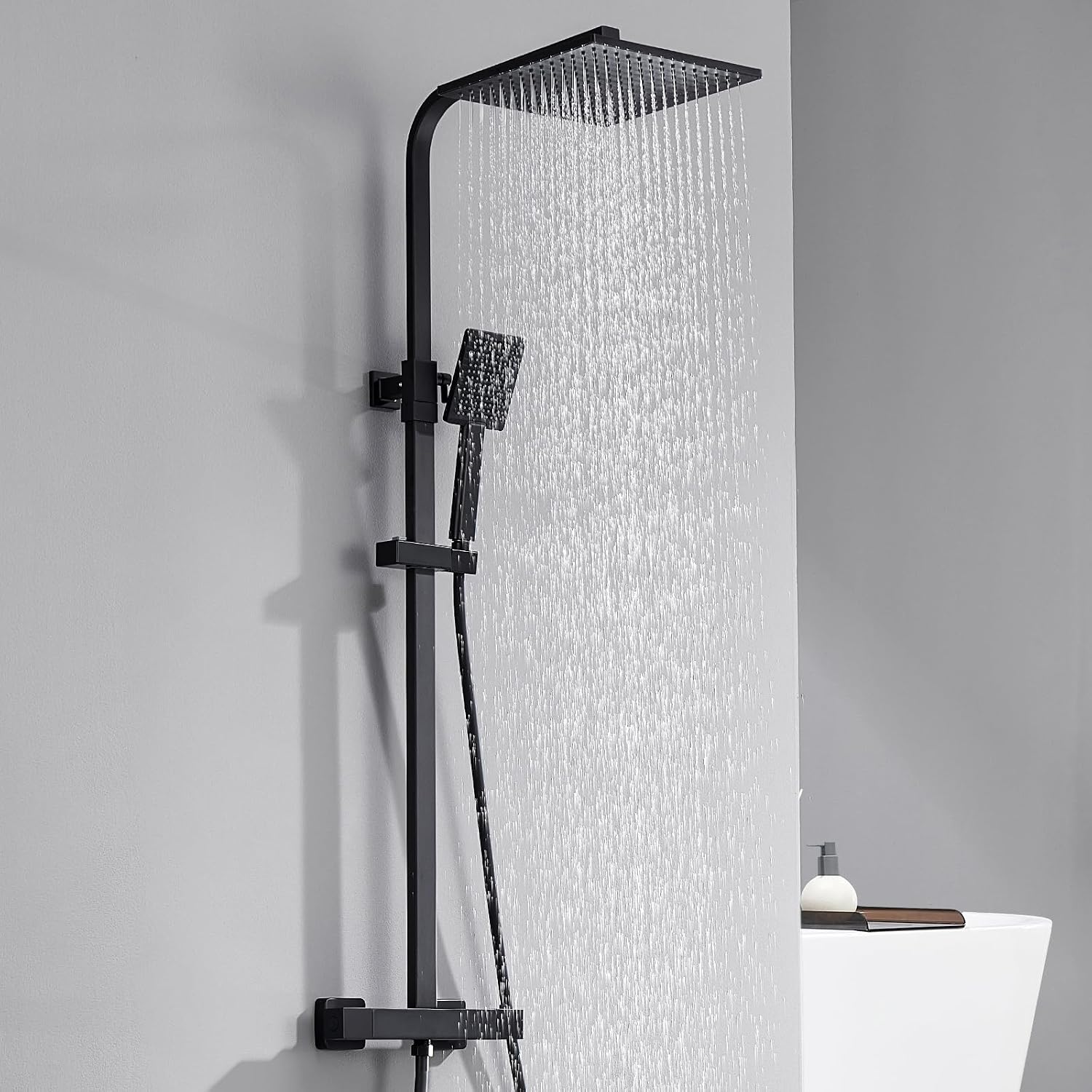 Detalle de Auralum Regendusche Komplettset mit Thermostat – schwarz, 25×25 cm Quadratrose, höhenverstellbare Edelstahl-Duschstange (Messingarmatur)