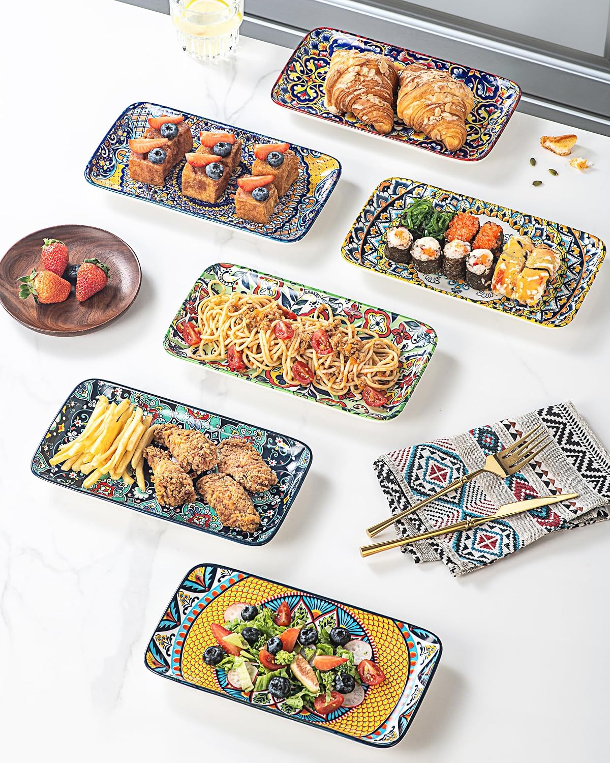 Thumbnail 6 de HENXFEN LEAD Porcelain 10-Inch Rectangular Serving Plates – Bohemian Floral Colour Set