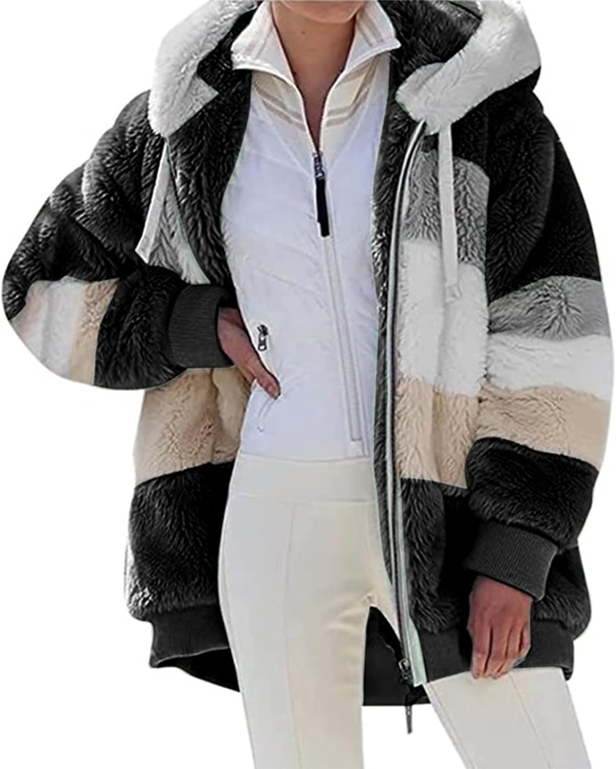 Detalle 2 de Livonmone Fleecejacke Hoodie Damen Kapuze Teddy-Fleece Mantel