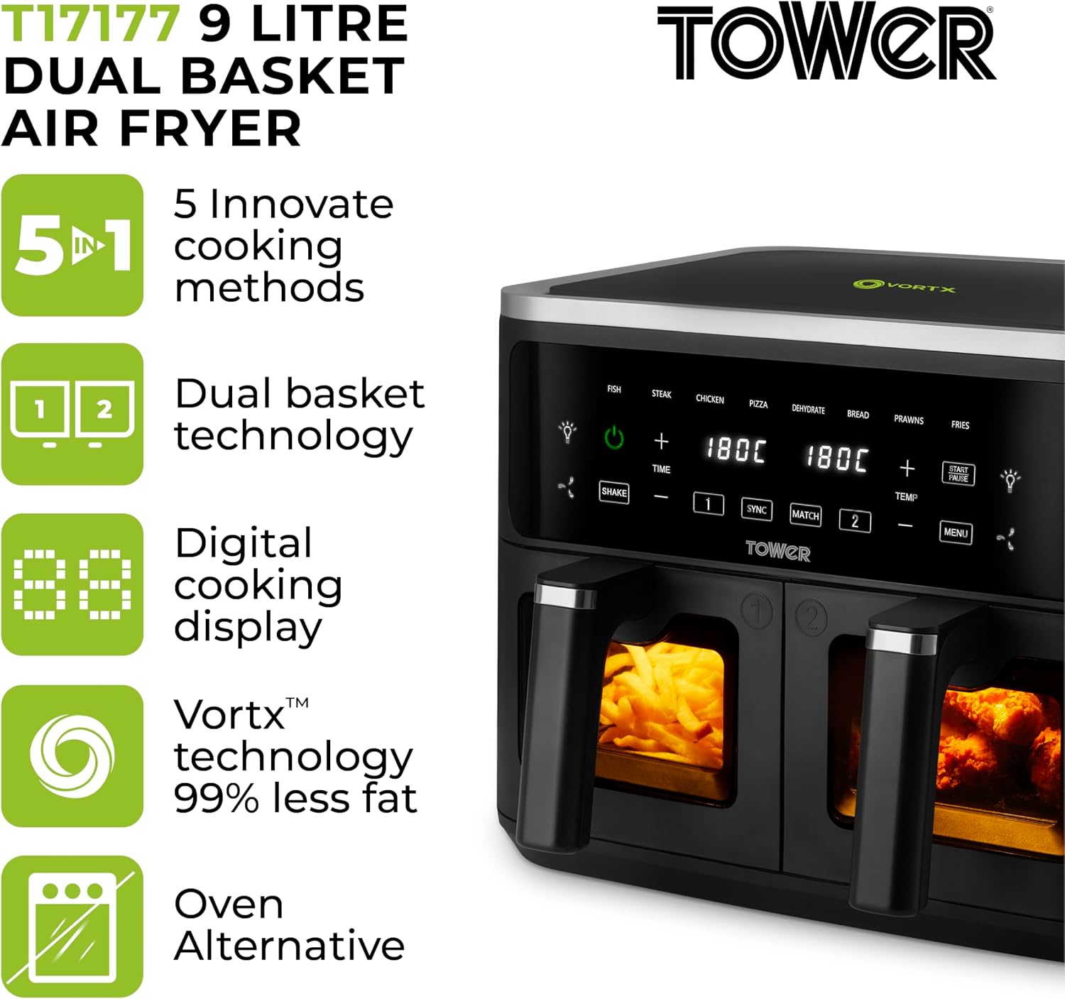 Detalle 2 de Tower Vortx Vizion 9L dual basket air fryer