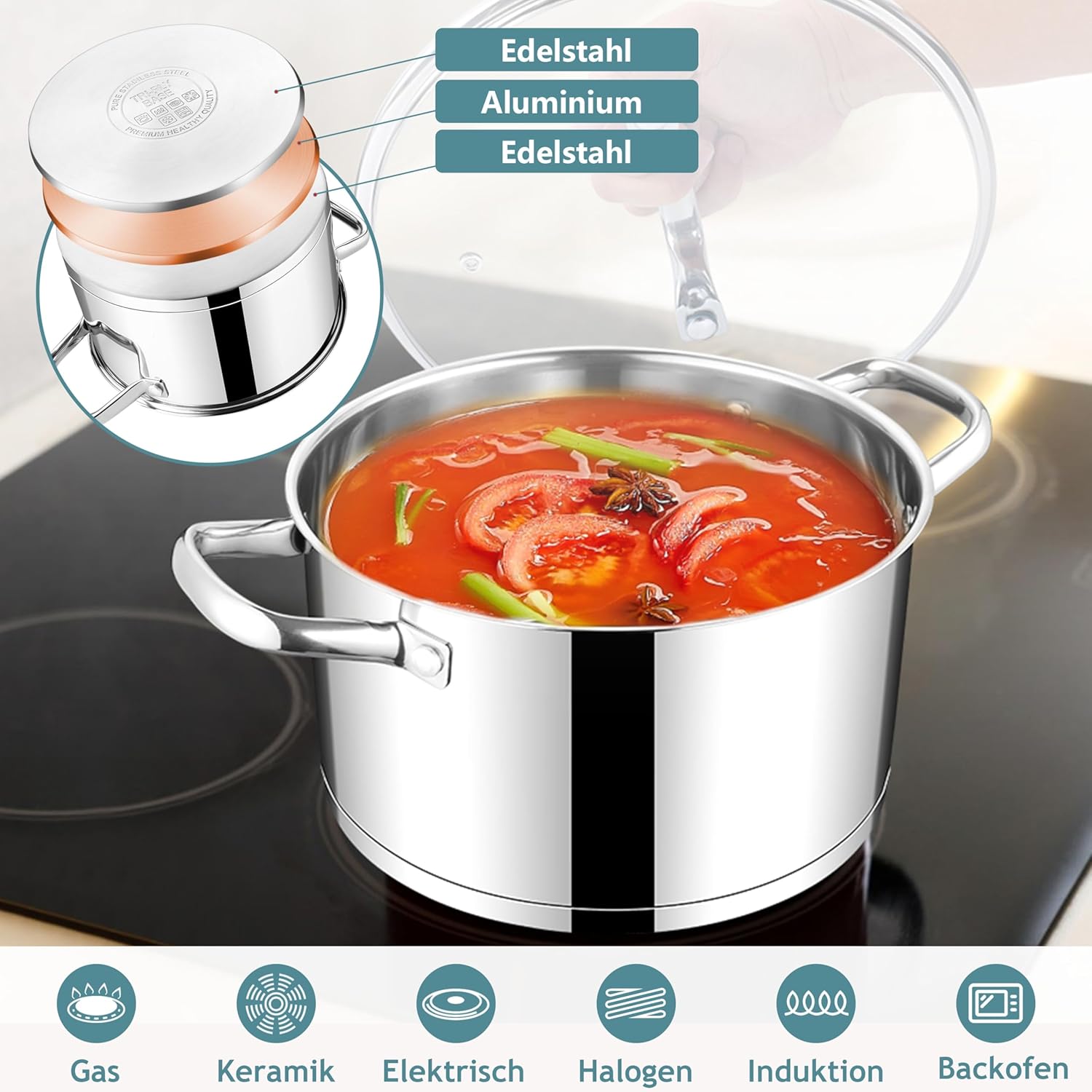 Detalle de HaWare Kochtopf 24 cm aus Edelstahl – induktionsgeeignet, 5,7 L, Glasdeckel