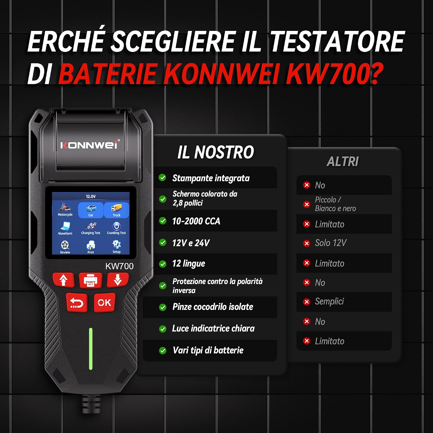 Detalle 2 de KONNWEI KW700: Tester Batteria Auto con Stampante integrata per 12V/24V
