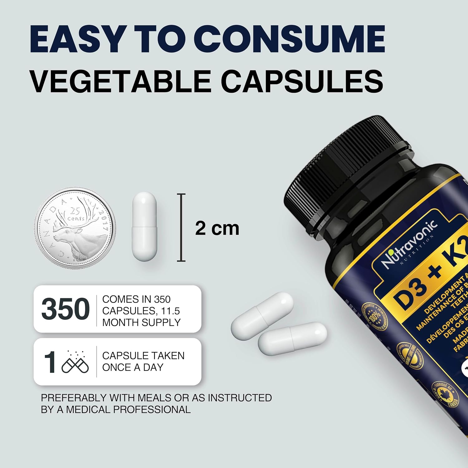 Detalle 1 de Nutravonic Nutrition Vitamin D3 + K2, 1,000 IU, MK-7, 350 Capsules