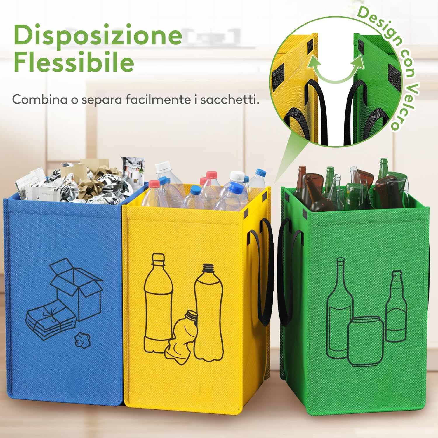 Detalle 2 de Lifewit set di 3 borse per raccolta differenziata 45 L con bidoni interni in 3 colori