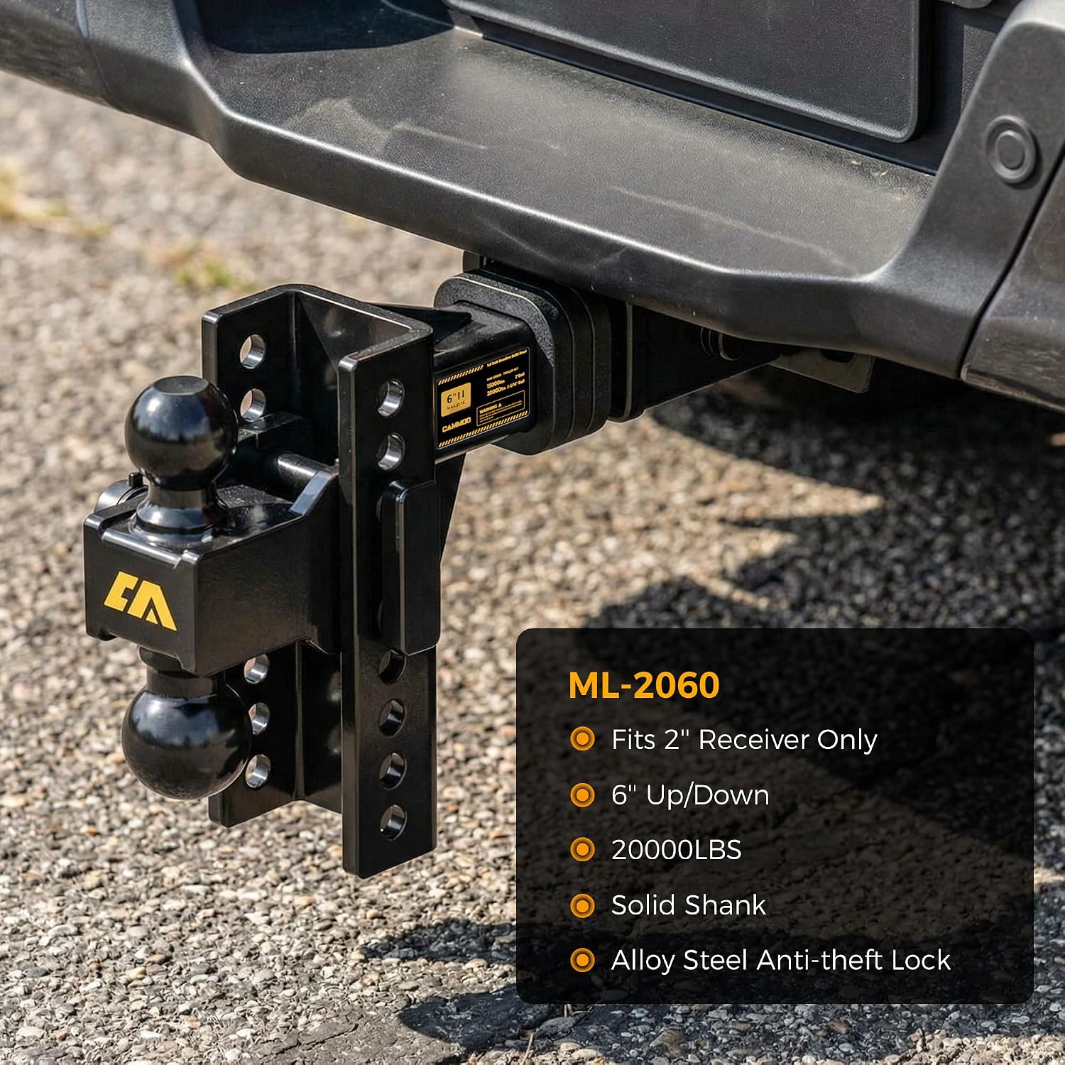 Detalle de CAMMOO Adjustable Trailer Hitch ML-2060: 6-In Rise/Drop, 2" and 2-5/16" Balls, 20,000 LBS GTW