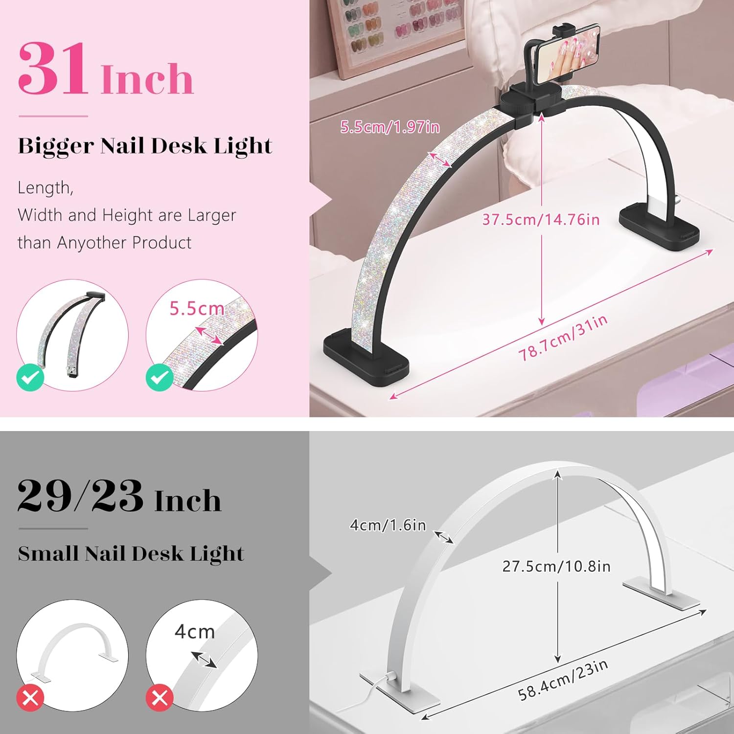 Detalle de Half Moon Light for Nail Desk: 30" Arch Light with Phone Holder, 3 Colour Modes & 10 Brightness Levels
