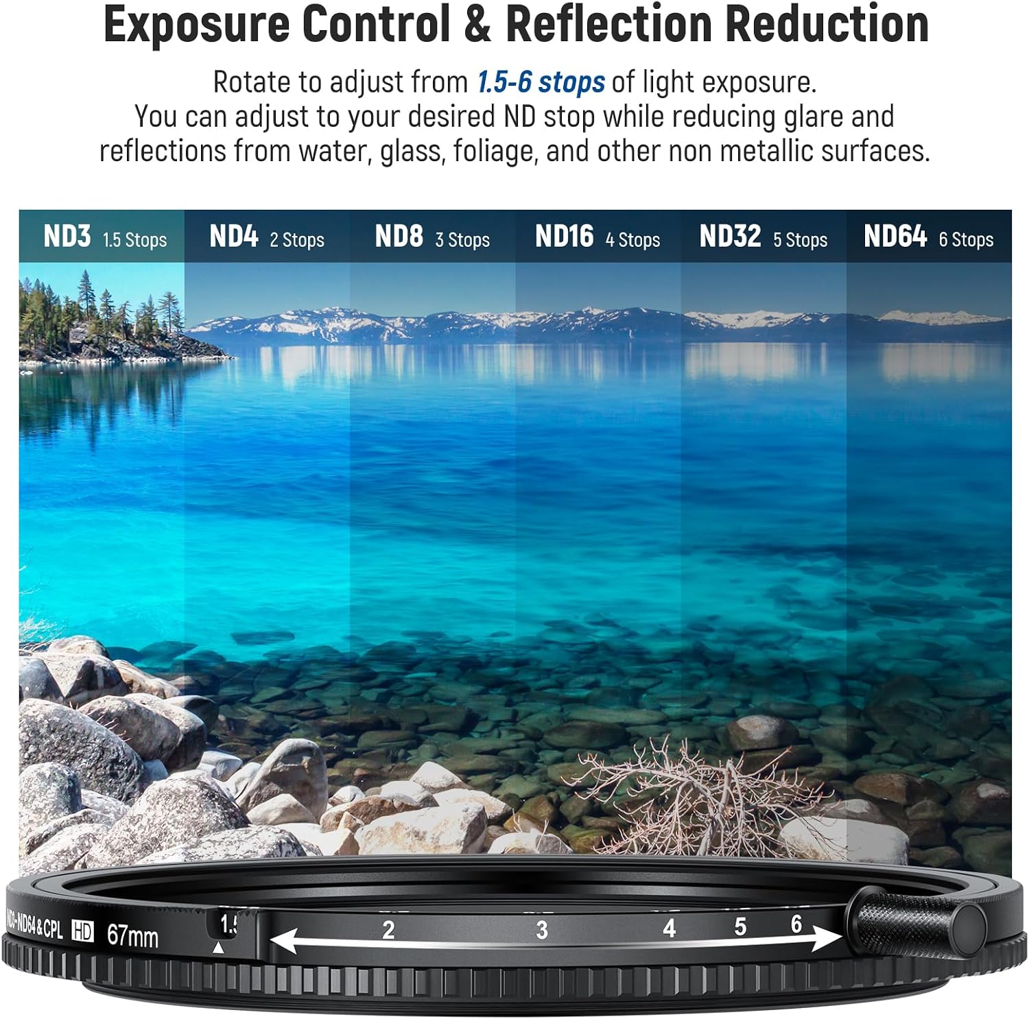 Detalle de NEEWER filtro True Color 2in1 da 67 mm CPL e ND variabile limitato (ND3-64, 1,5-6 stop)