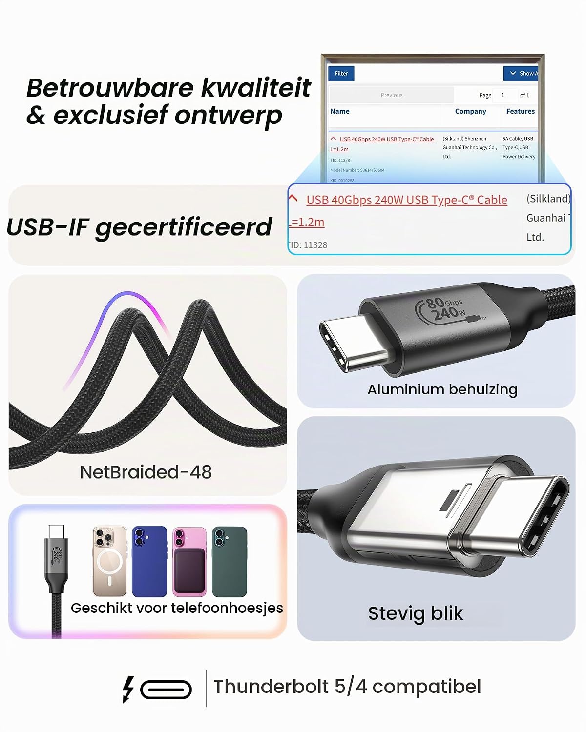 Thumbnail 4 de Silkland S3405 USB-C-kabel 1,5 m, 80 Gbps en 240 W voor Thunderbolt 5