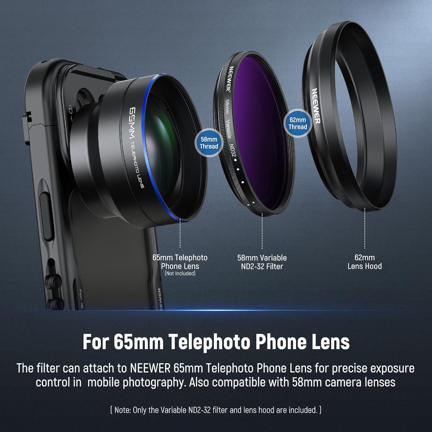 Detalle de NEEWER 58mm Variabler ND Filter mit 62mm Gegenlichtblende – ND2-32, 1–5 Stops, für 58mm Kameralinsen und 65mm Teleobjektiv für Smartphones