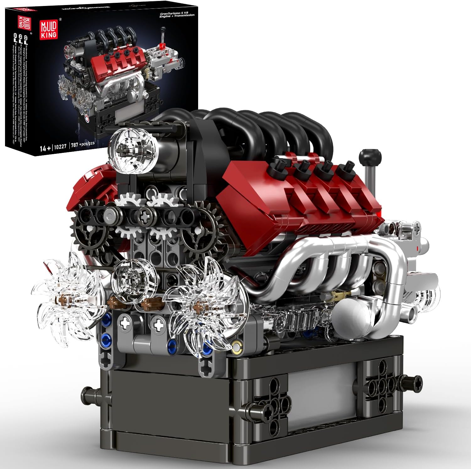 Detalle de Mould King 10227 V8-motorbouwset met 787 bouwstenen en batterijmotor