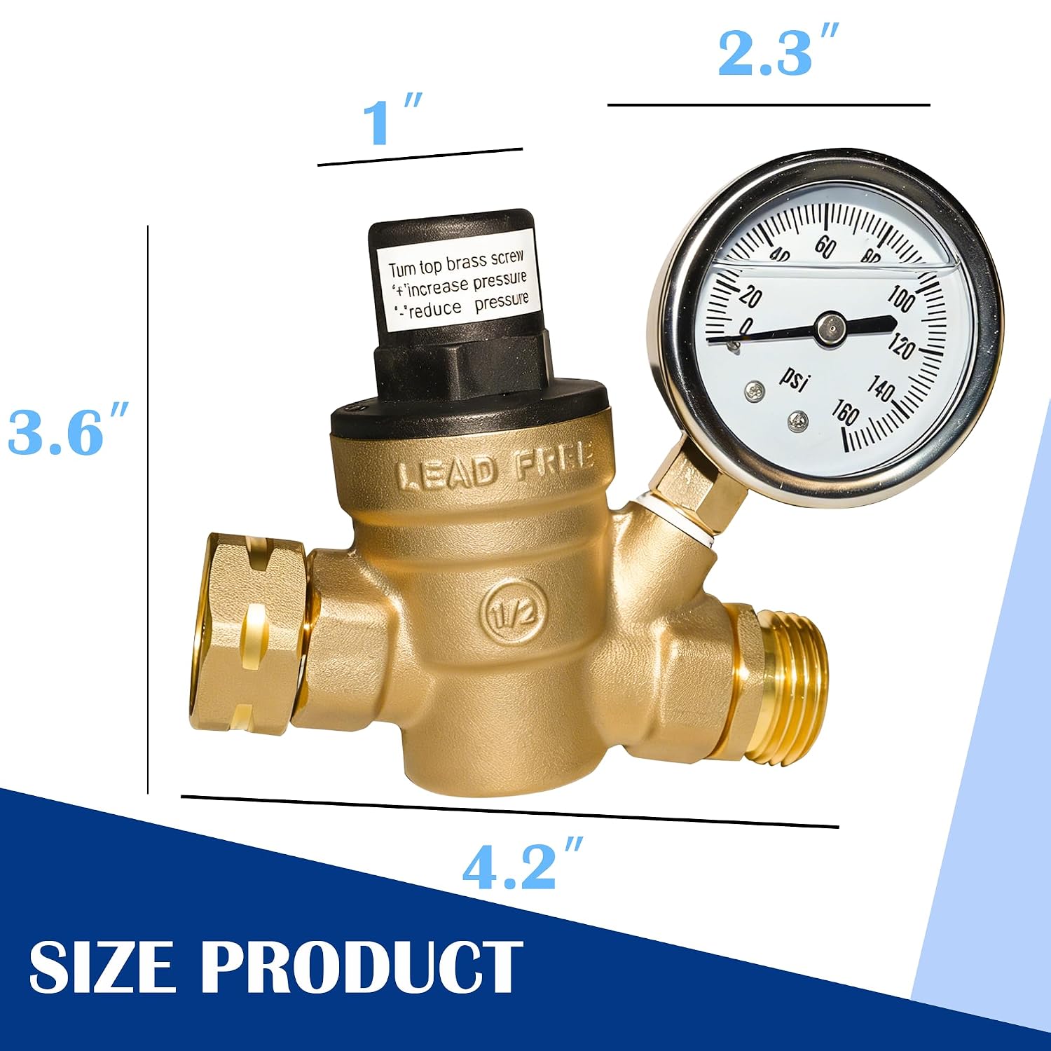 Detalle de Hourleey RV Water Pressure Regulator Valve with Gauge and Inlet Screened Filter