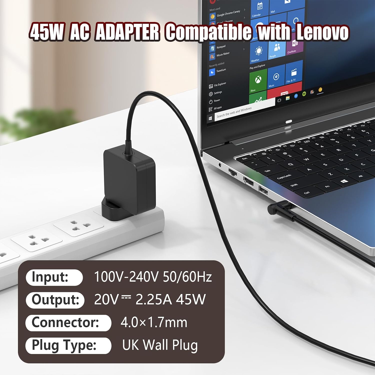 Detalle 2 de 45W Laptop Charger (20V 2.25A) with 4.0 x 1.7mm Round Tip – Replacement for selected Lenovo IdeaPad & Yoga models