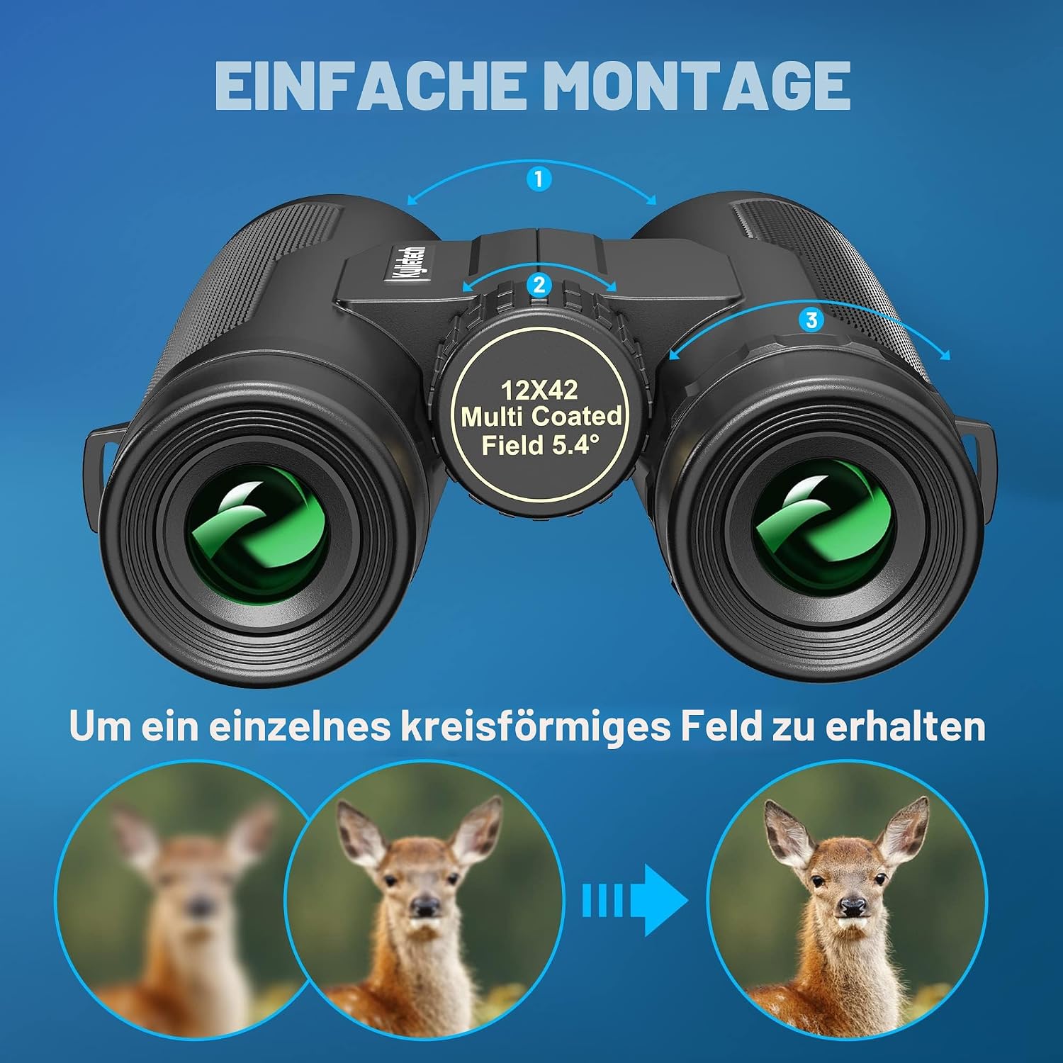 Detalle de Kylietech 12x42 Fernglas für Erwachsene mit Stativ & Smartphone-Adapter (wasserdicht, BaK-4, FMC)