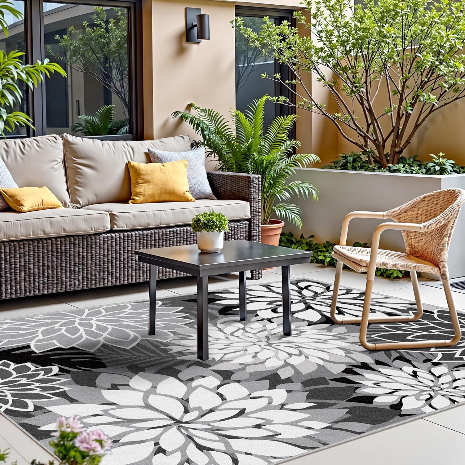 Thumbnail 5 de 9x12 Outdoor Area Rug Washable Multicolored Patio Rug: Floral Chenille, Waterproof & Non-Slip for Deck, Backyard, or Porch