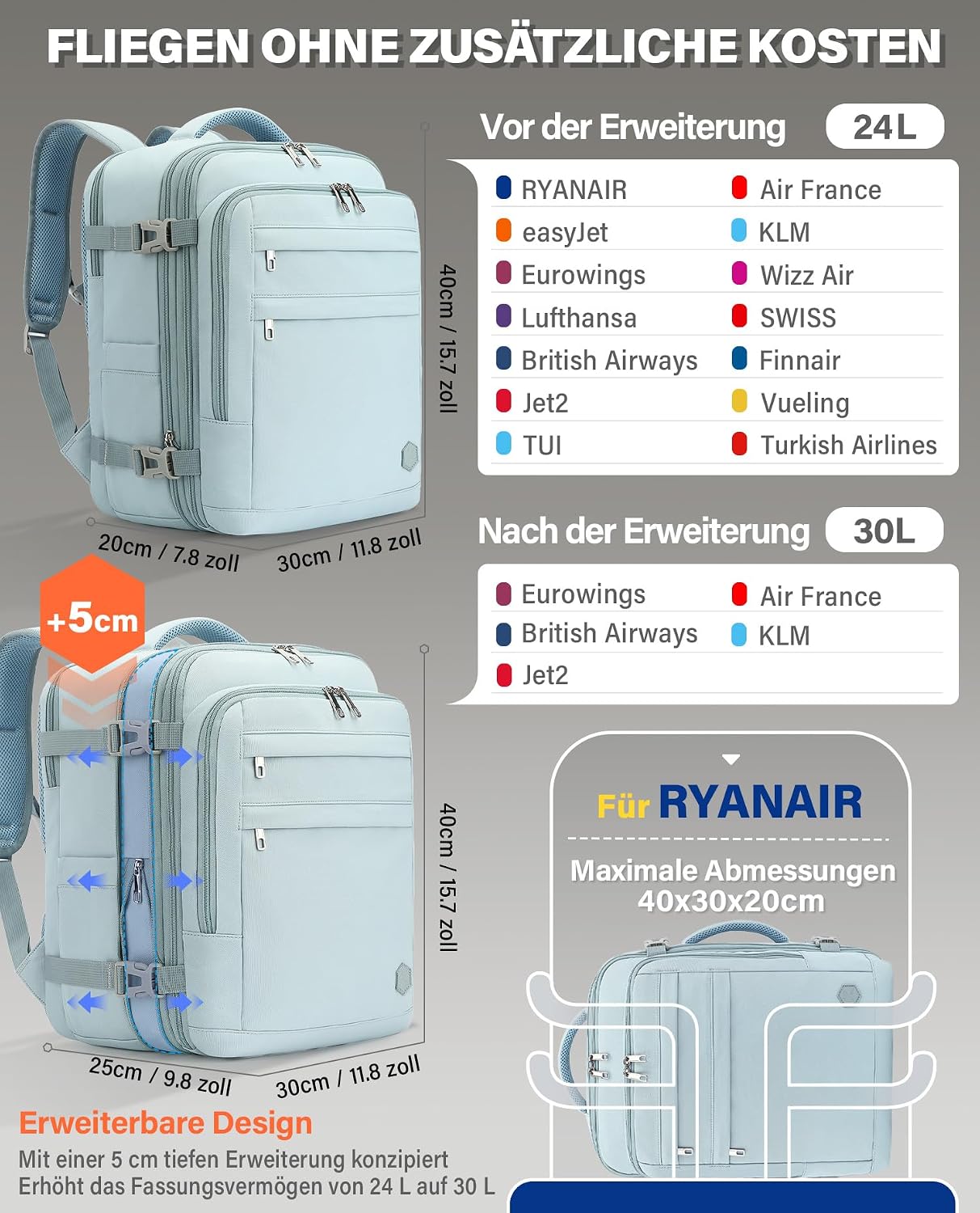 Thumbnail 1 de VANKEV Handgepäck Rucksack erweiterbar 24–30L