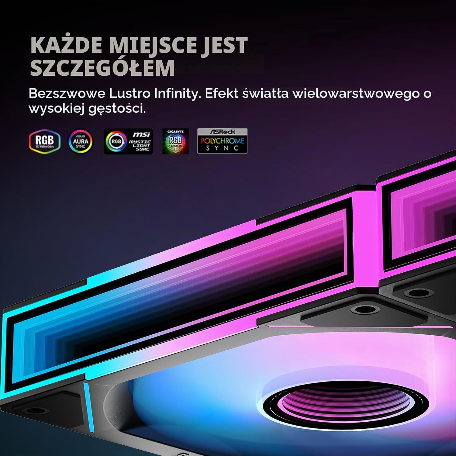 Detalle de TZMRIT Interstellar-V1 UNI – 3 wentylatory 120 mm ARGB PWM z lustrem nieskończoności
