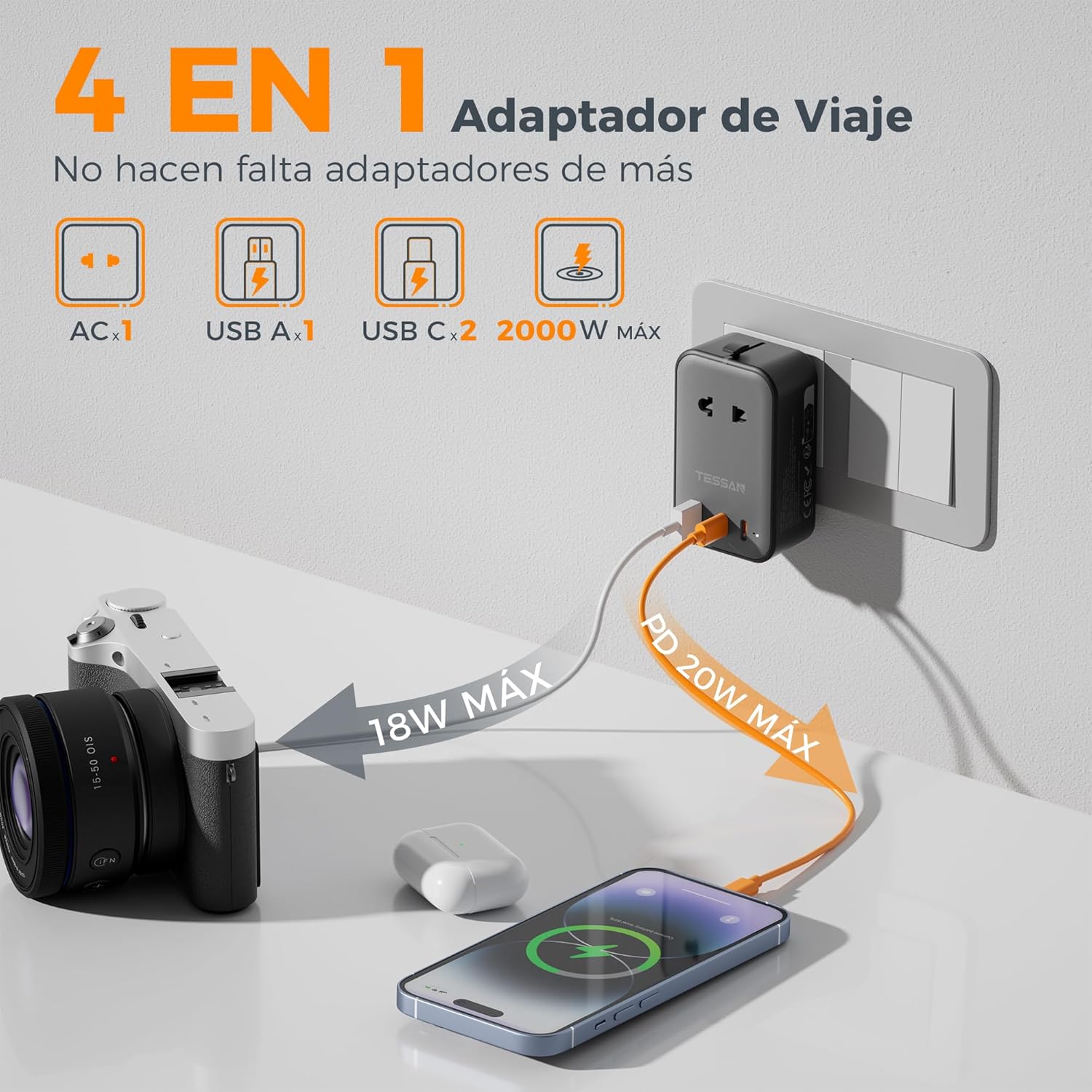 Detalle de TESSAN adaptador de enchufe universal de viaje con 1 USB A y 2 USB-C (plano y compacto)