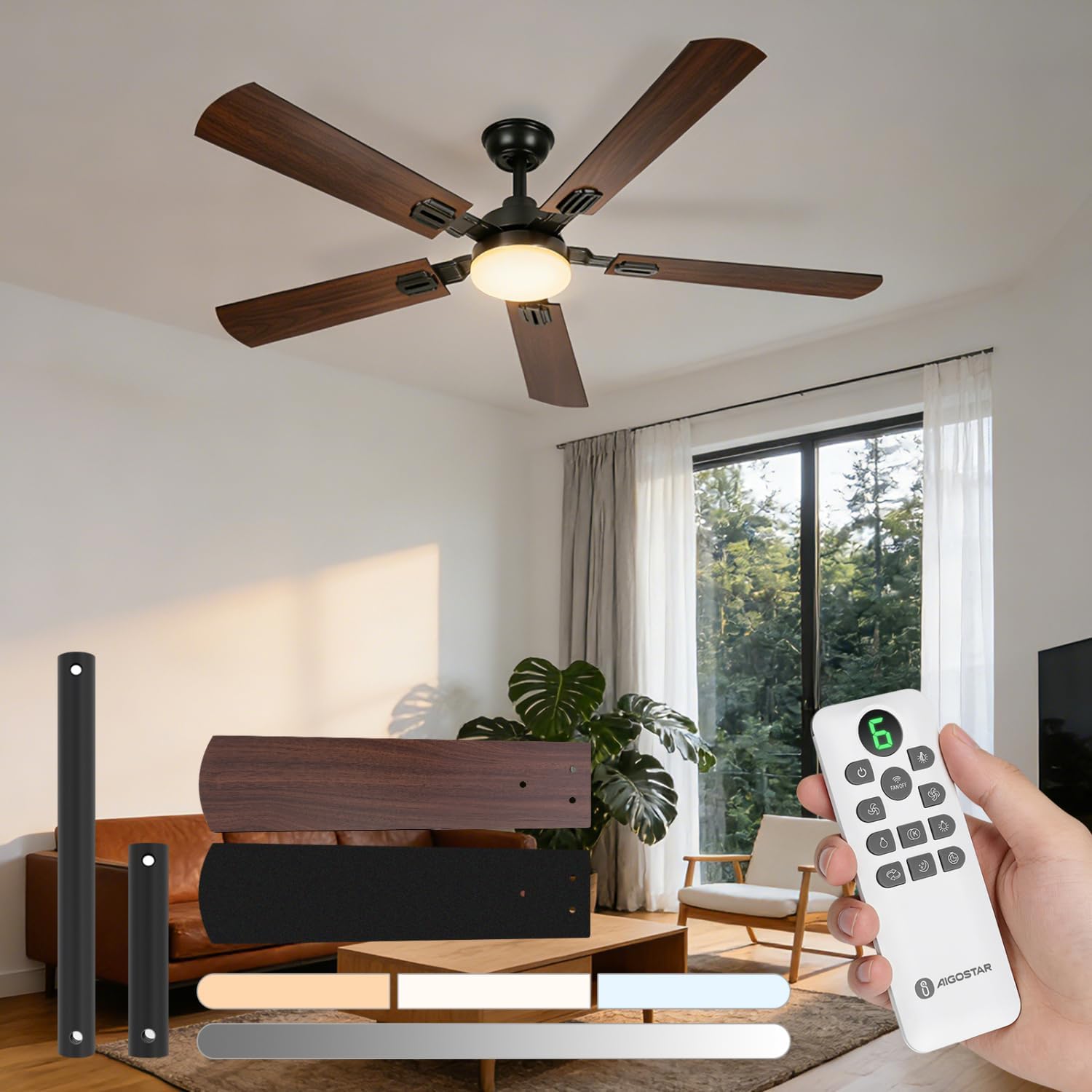Detalle de Aigostar Ventilador de Techo con Luz 52" (Ø132 cm) – Silencioso, DC Reversible y Control Remoto