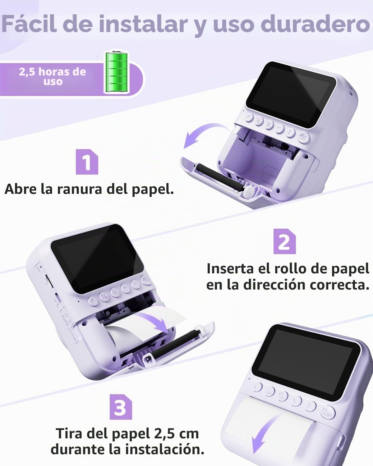 Thumbnail 4 de Cámara instantánea infantil TIATUA (3,0'' HD, 48 MP) con impresión sin tinta y tarjeta de 32 GB, morado