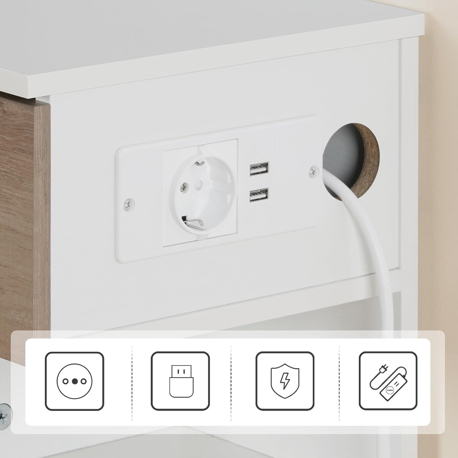 Detalle de HOOBRO Set di 2 Comodini Sospesi da Parete con Stazione di Ricarica (EWG127CBZP201) – Bianco e Grigio Anticato