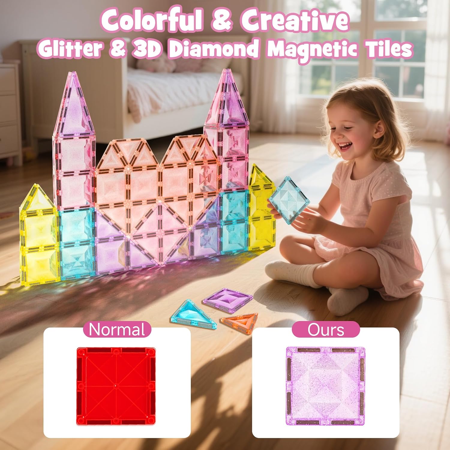 Detalle de YOGOHEE 48pcs Large Glitter Magnetic Tiles – Diamond-Shaped STEM Building Set