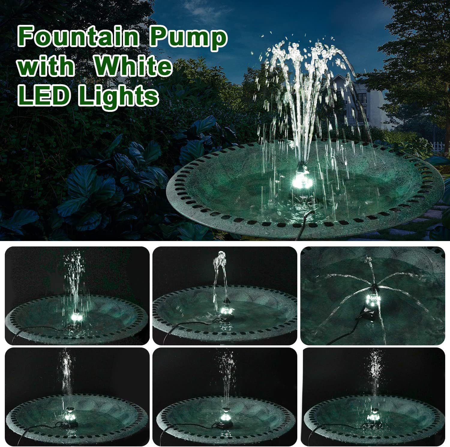 Thumbnail 2 de SZMP Springbrunnen & verstellbares Vogelbad mit bunten LED, 24 Stunden Betrieb, 7 Düsen (DC/12V)