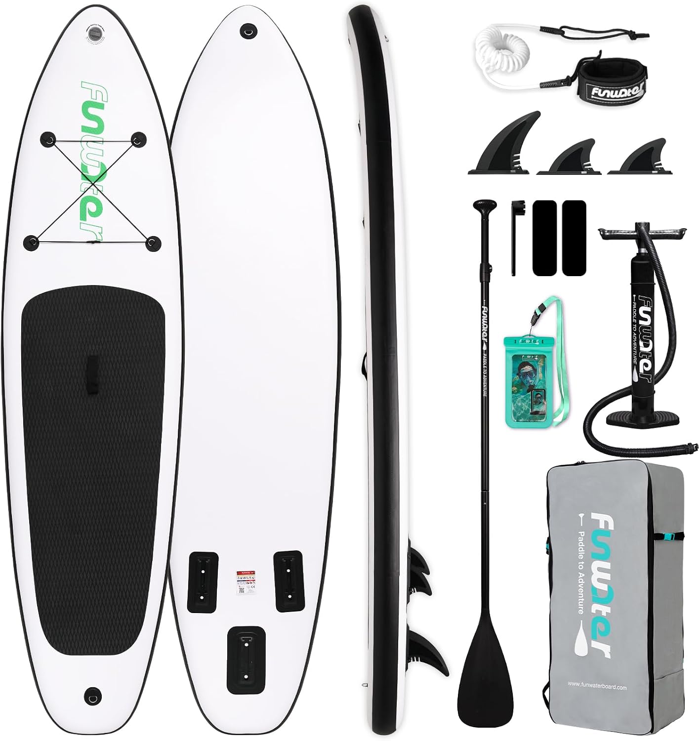 FunWater Ultra-light Inflatable Stand Up Paddle Board – 10'6" or 320cm SUP with Adjustable Paddle, Pump, Leash, Backpack & Fins