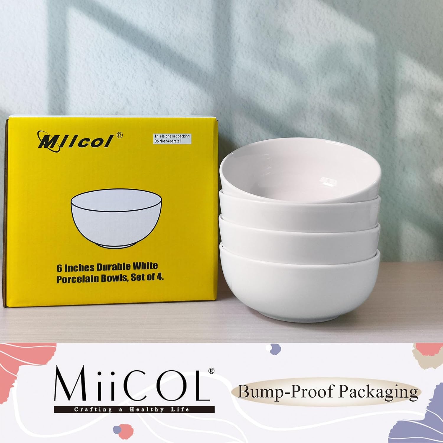 Detalle de Miicol Bowl55 Porcelain Bowls, Set of 4, 590 ml, White, Microwave Safe