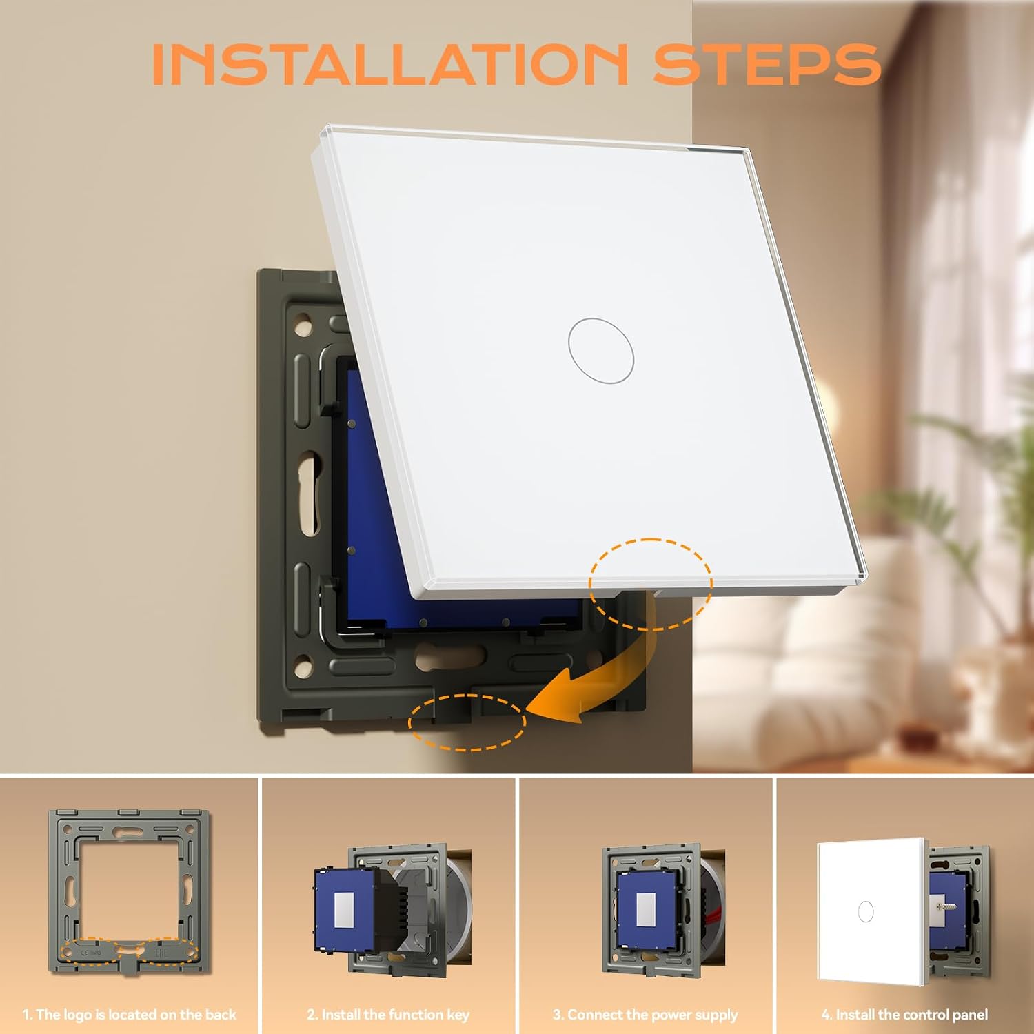 Detalle de BSEED Touch Glas-Lichtschalter, 1-Fach 2-Wege, Unterputz – LED-Hintergrundbeleuchtung, Kein Neutralleiter erforderlich, Weiß