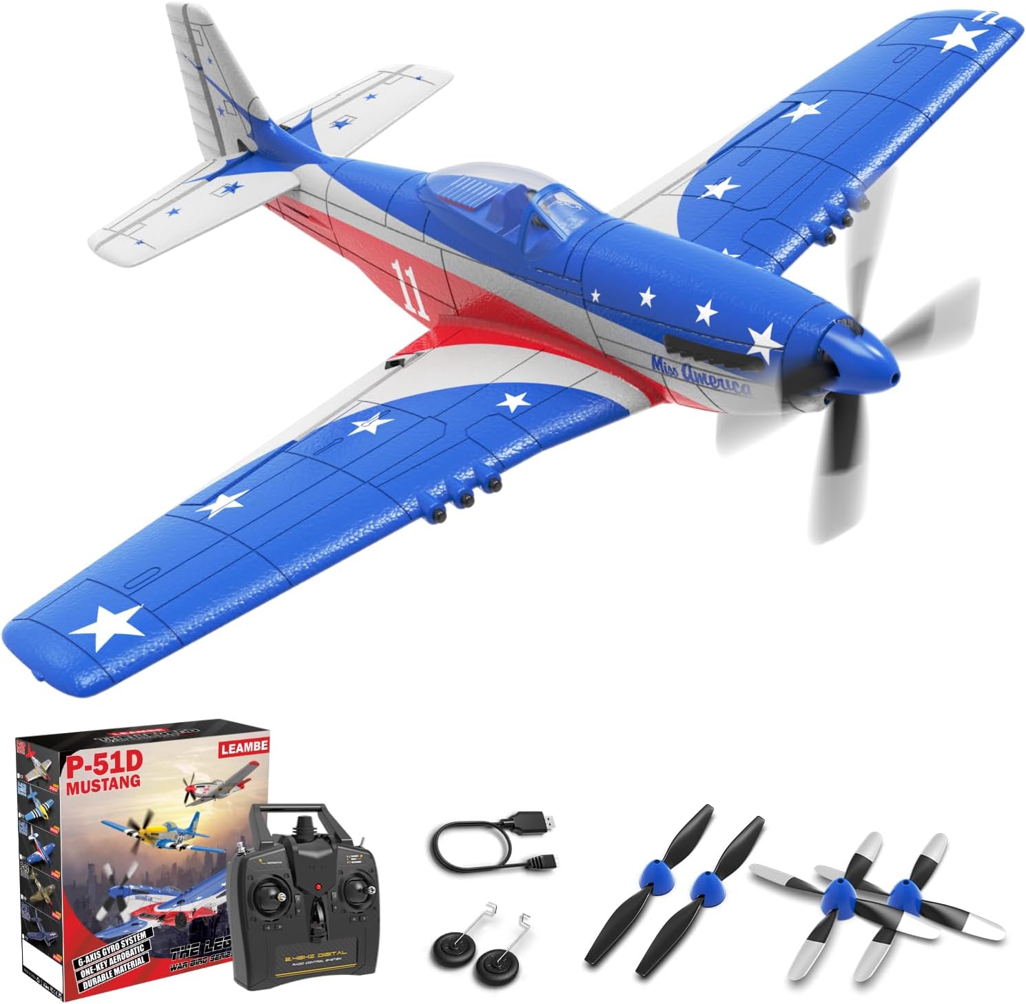 LEAMBE 4-Channel P51 Mustang RC Plane (Ready to Fly) for Adults — 2.4Ghz Stabilized Aerobatic Glider