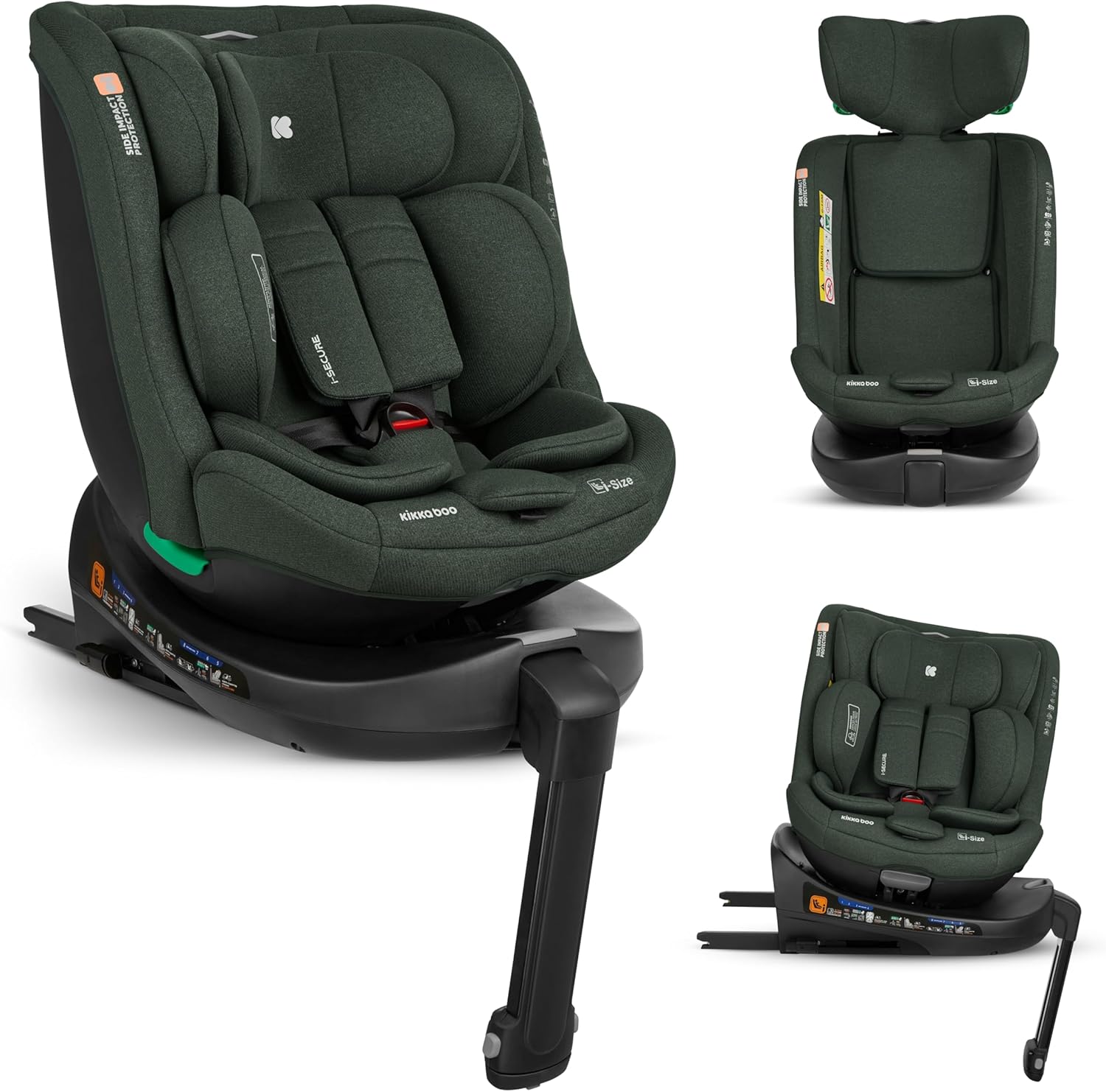 KikkaBoo Siège Auto Bébé 0 à 36 kg i-SECURE, i-Size ISOFIX, Pivotant 360°, Vert Armée