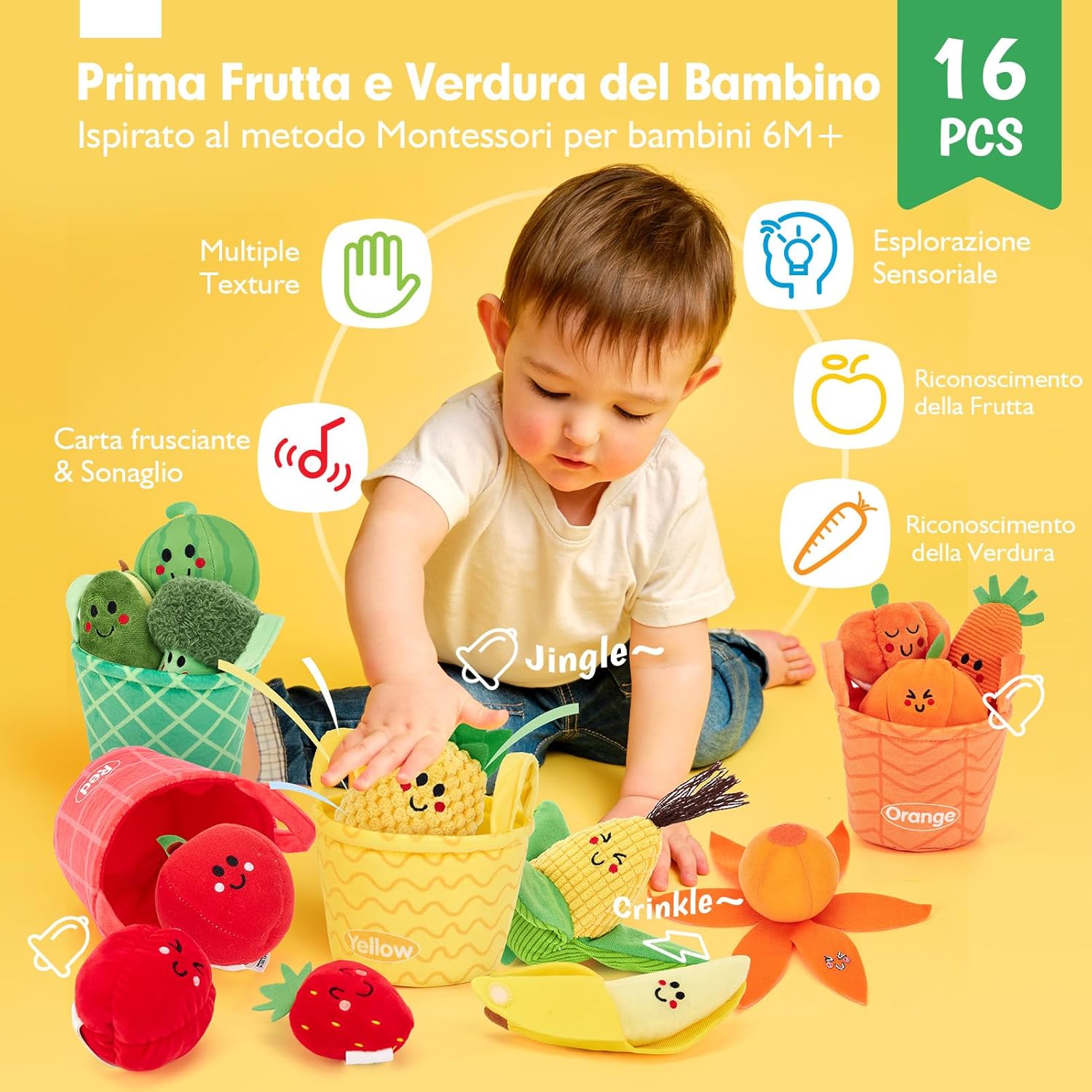 Detalle 2 de hahaland Giochi Montessori 6 mesi: 16 pezzi frutta e verdura in peluche con sonaglio e cestino