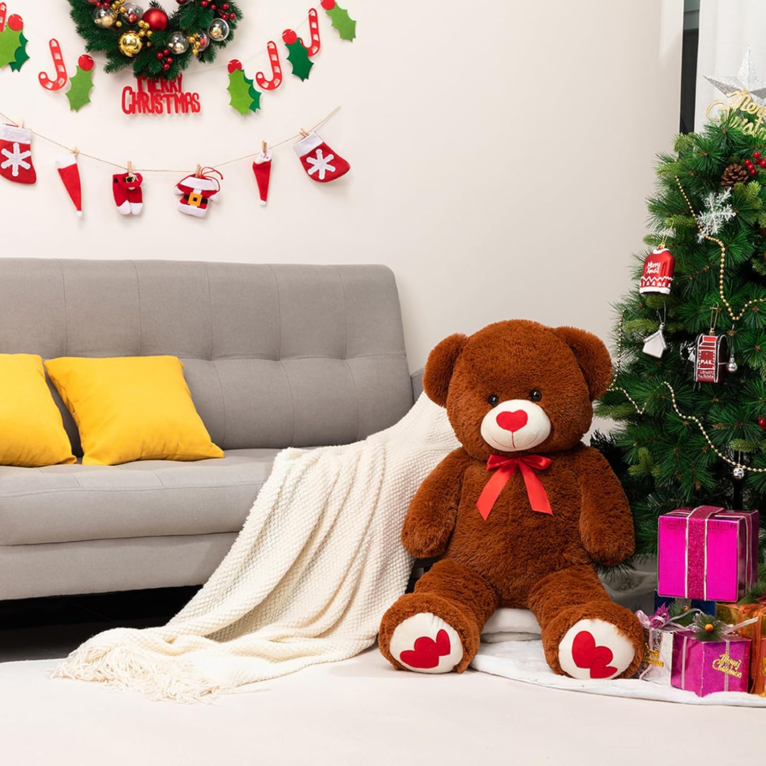 Thumbnail 4 de BEJOY Ours en peluche géant 91 cm – Ours marron doux avec cœurs rouges et nœud satiné