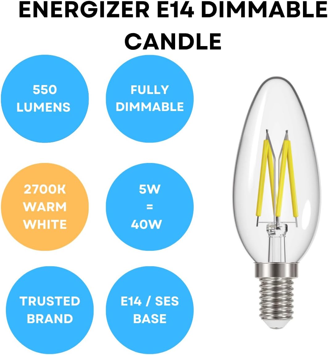 Thumbnail 3 de Energizer Dimmable Filament LED Candle Bulbs, E14 – 550 Lumens, Warm White, Pack of 5