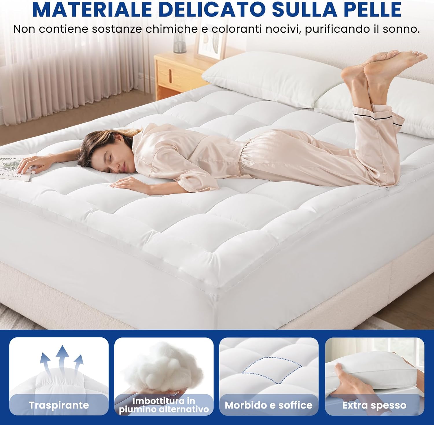 Thumbnail 2 de DUANDUAN Topper matrimoniale 140x190 cm: Topper imbottito 5 cm con tasche profonde, lavabile