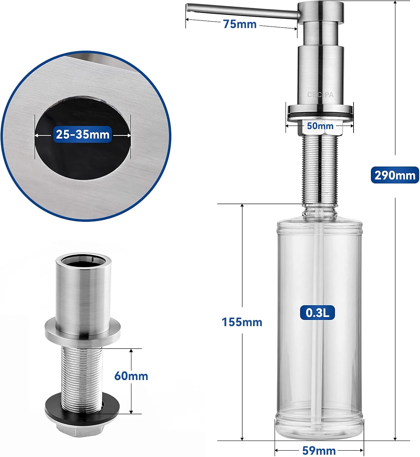 Detalle de CECIPA F1203S inbouw-zeepdispenser van koper, 360° draaibaar, geborsteld