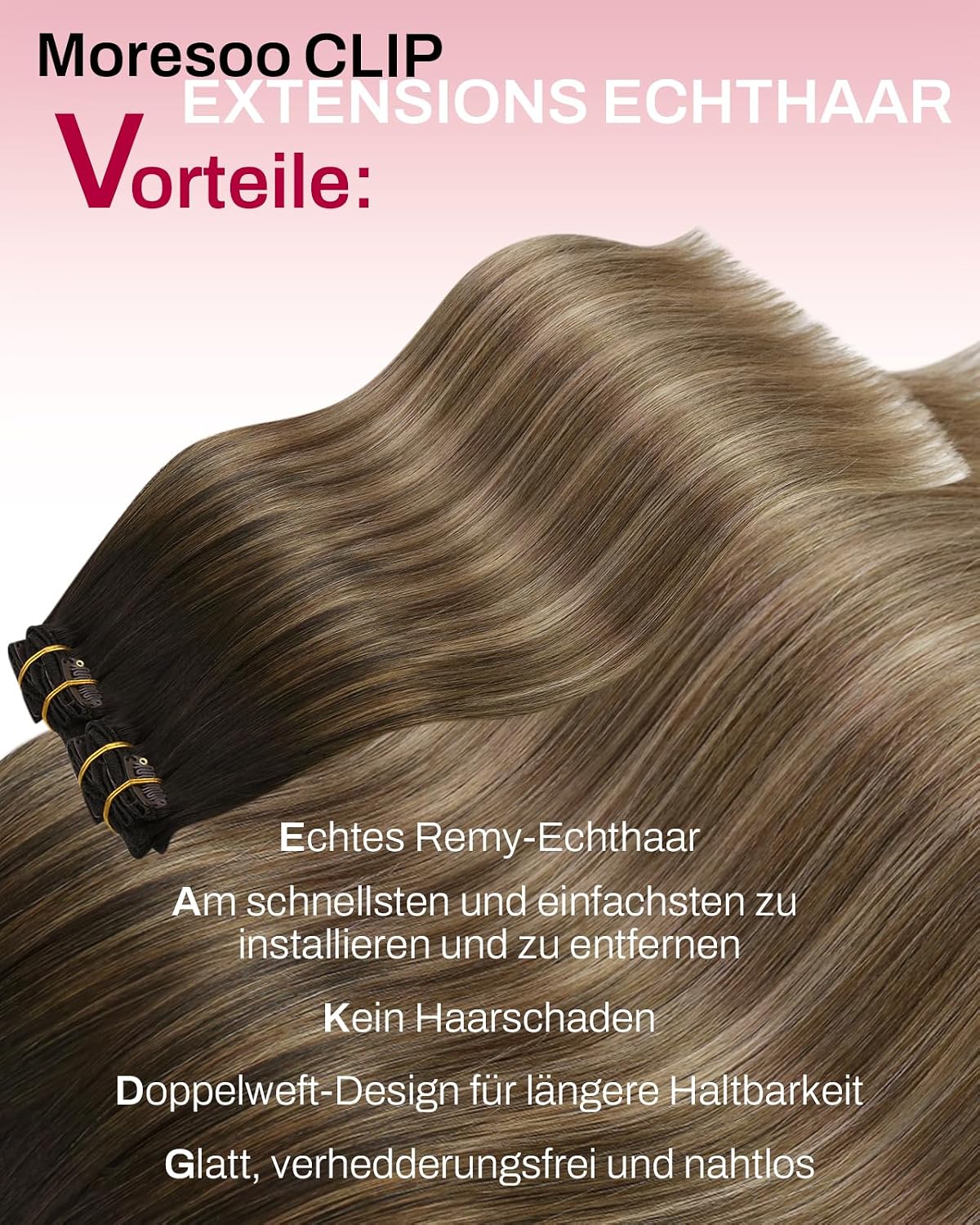Thumbnail 1 de Moresoo Clip-in Extensions Echthaar – Salonqualität, 40 cm, 7 Stück, 135 g, #4/10/16 Braun zu Goldbraun