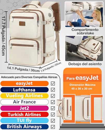Detalle de LYNXCHER Mochila de Viaje para Cabina 45x36x20 cm – 30 L, Antirrobo, Portátil de 15,6 pulgadas, Beige